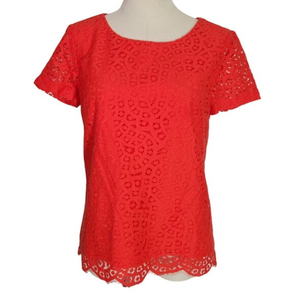 J. Crew Red Lace Short Sleeve Top Scalloped Hem Blouse Womens Womens Size 0 - Picture 1 of 15